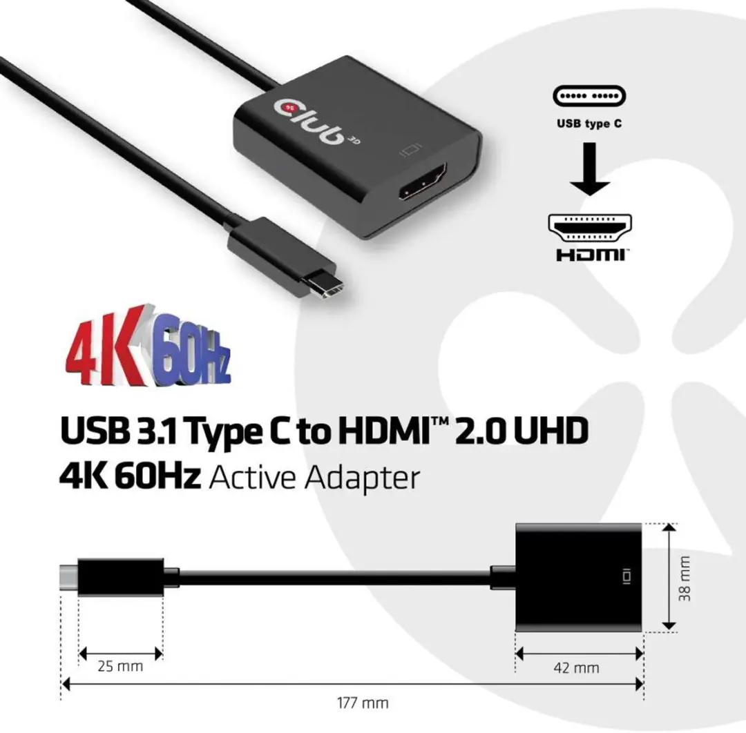 Club 3D CAC-2504 USB-C naar HDMI 2.0 Adapter - 4K 60Hz - Zwart