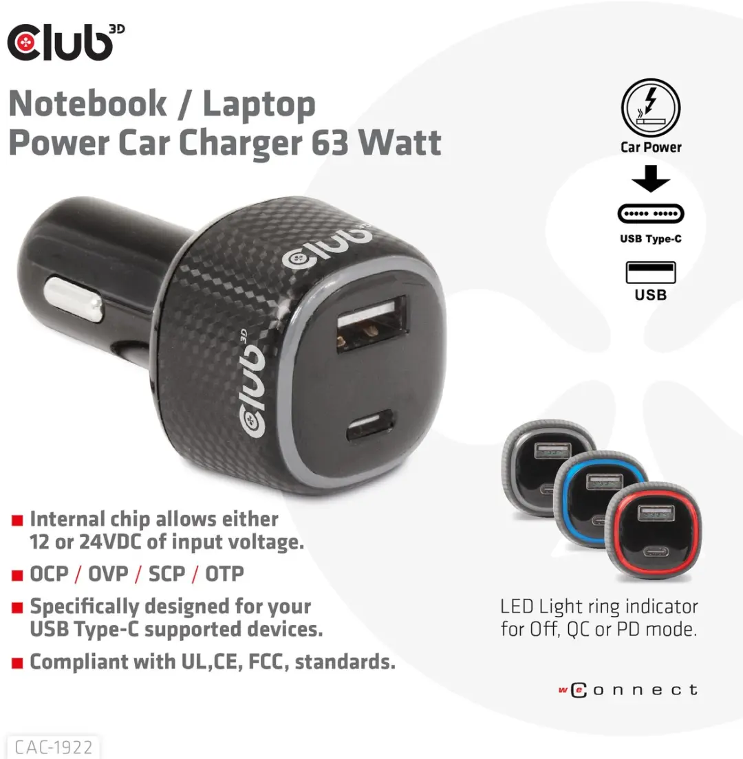 CLUB3D CAC-1922 Laptop Power Charger 63W - Zwart