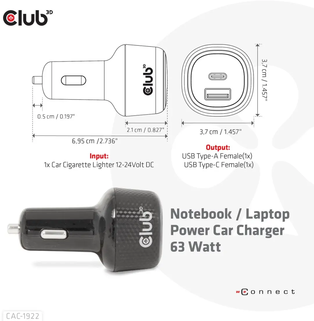 CLUB3D CAC-1922 Laptop Power Charger 63W - Zwart