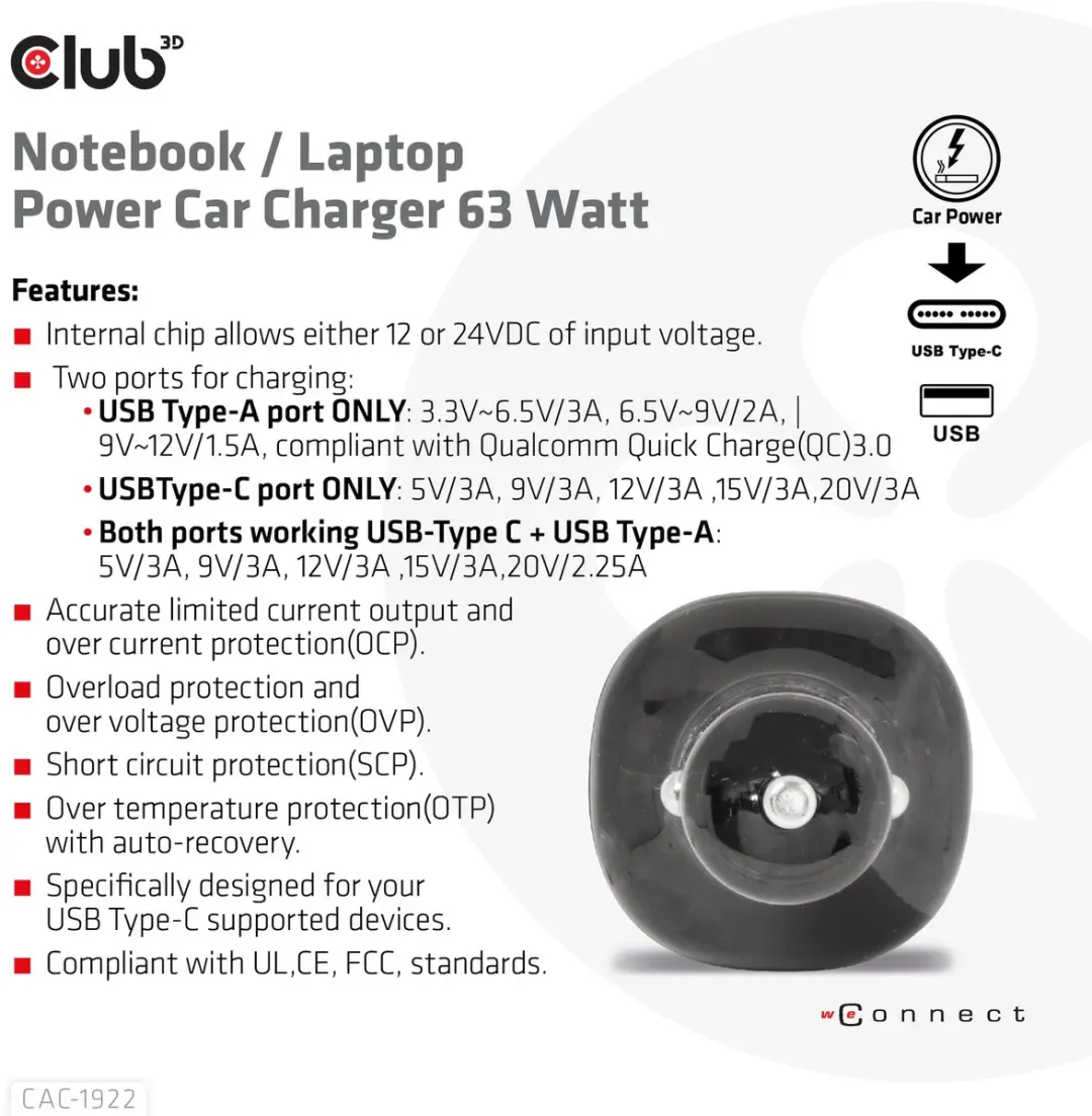 CLUB3D CAC-1922 Laptop Power Charger 63W - Zwart