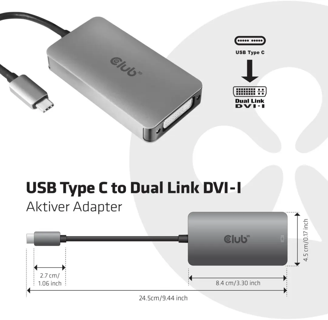 Club 3D CAC-1510 USB-C naar Dual Link DVI-D Adapter - Aluminium