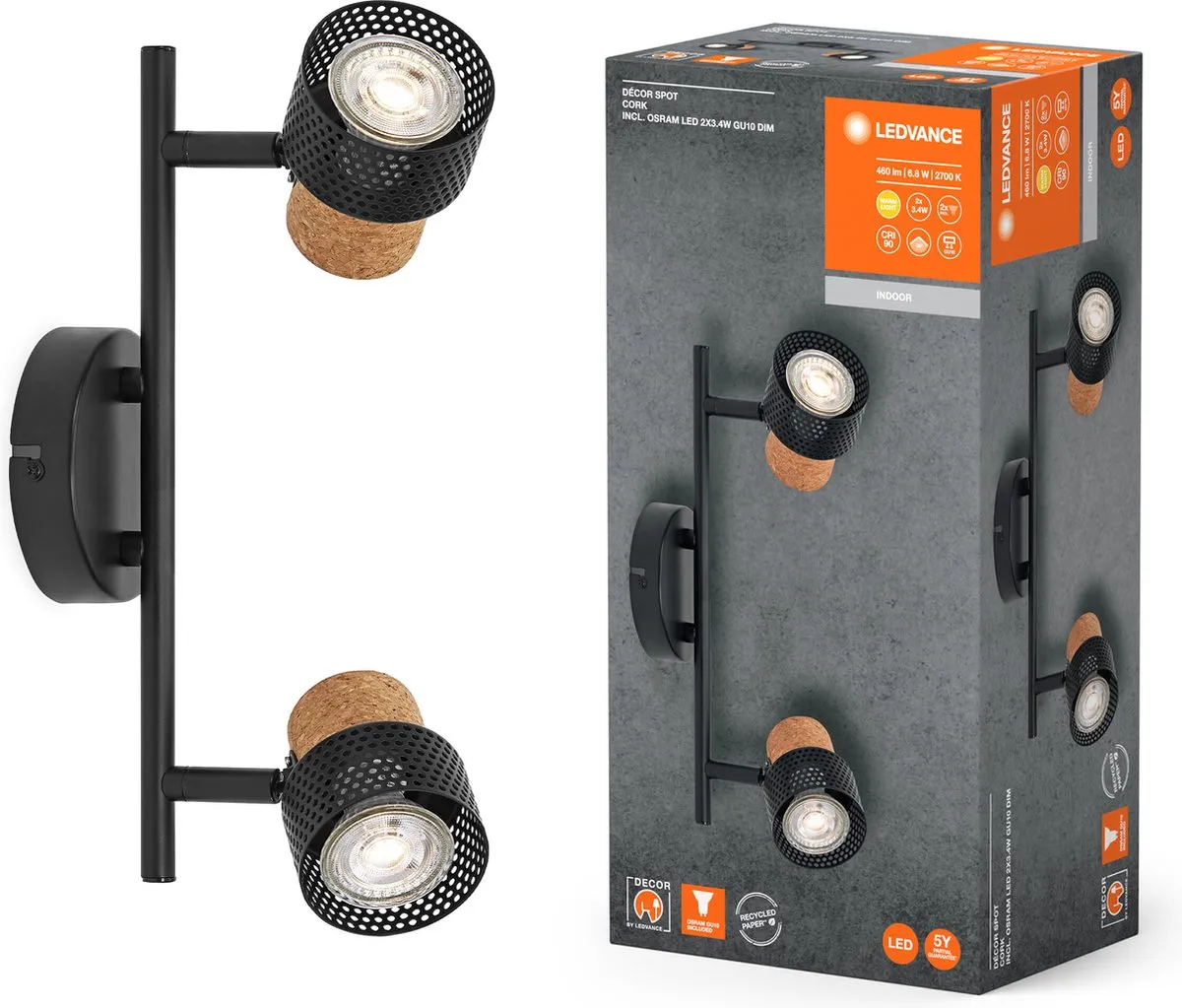LEDVANCE Decor Spot Cork GU10 - 2x3,4W 460lm Zwart