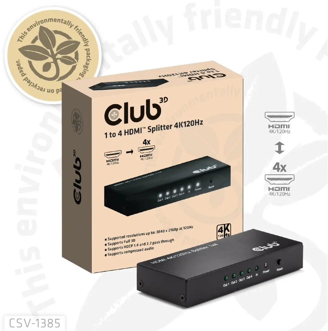 Club3D CSV-1385 HDMI Splitter 1 naar 4 - 4K120Hz - Zwart