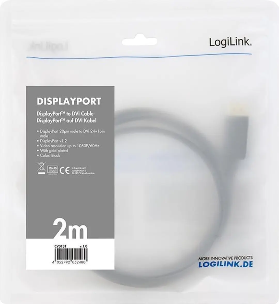 Logilink CV0131 DisplayPort naar DVI Kabel - 2m - Zwart