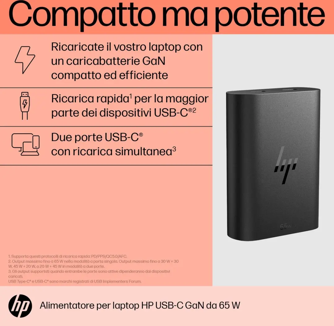 HP 65W GaN USB-C Snellader - 2x USB-C - 46178471 - Zwart