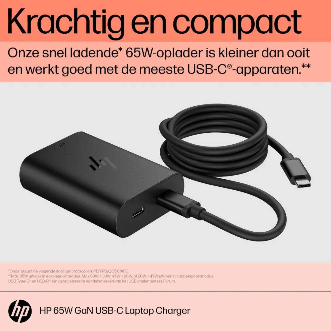 HP 65W GaN USB-C Snellader - 2x USB-C - 46178471 - Zwart