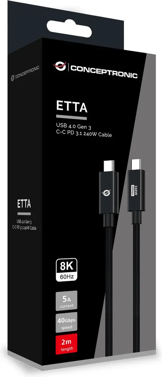 Conceptronic ETTA04B20 USB4 Gen 3x2 Kabel 2m - Zwart