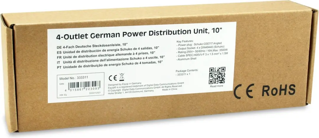 Equip 333311 Energiedistributie 1U - 4 AC-uitgangen - Zwart/Zilver