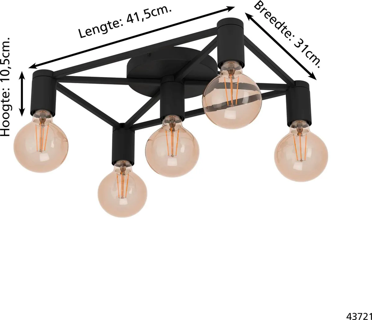 Eglo Speke Plafondlamp E27 - 5 Lichtpunten - 41,5 cm Zwart - afbeelding 6 van 6