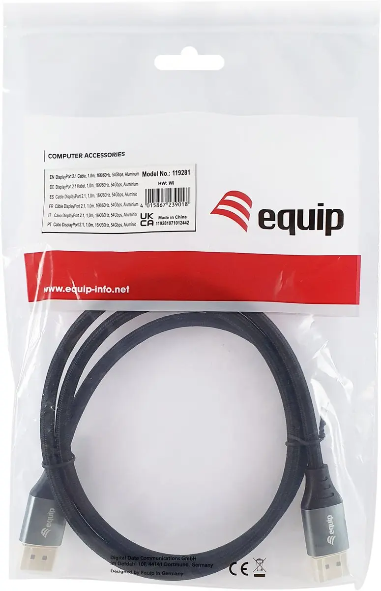 Equip DisplayPort 2.1 Kabel 1,0m - 16K/60Hz 54Gbps - Zwart/Zilver
