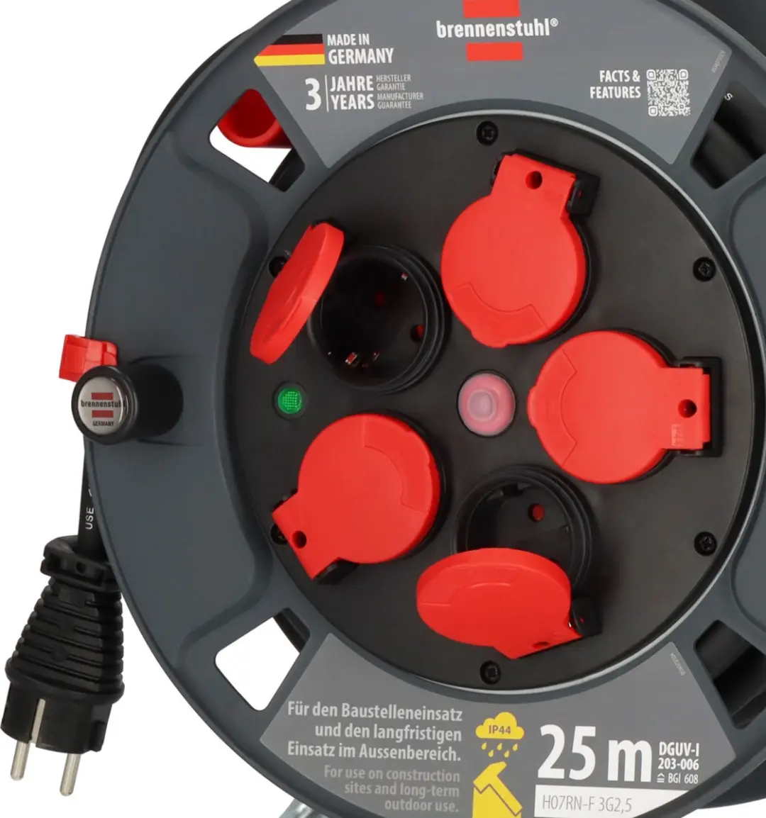 Brennenstuhl Professional Kabelhaspel 300 KU 2200 - 25m - 5 Stopcontacten - 3300W - Zwart/Rood