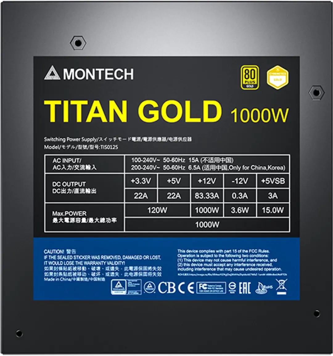 Montech TITAN GOLD TIS0125 Voeding 1000W - ATX 20+4 Pin - Zwart