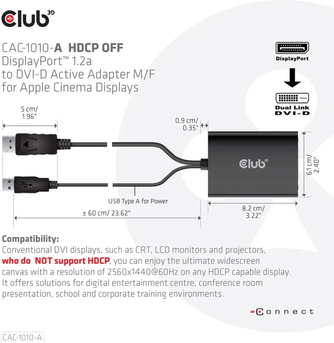 CLUB3D CAC-1010-A DisplayPort naar Dual Link DVI-D Adapter
