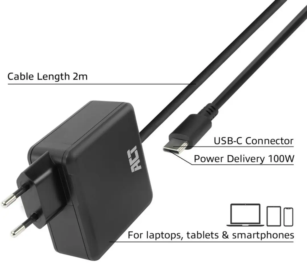 ACT AC2015 USB-C Laptoplader 100W - 2m - Zwart