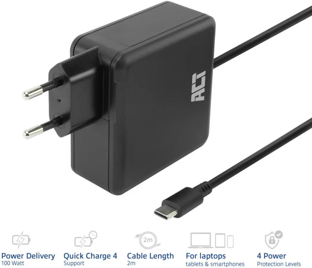 ACT AC2015 USB-C Laptoplader 100W - 2m - Zwart