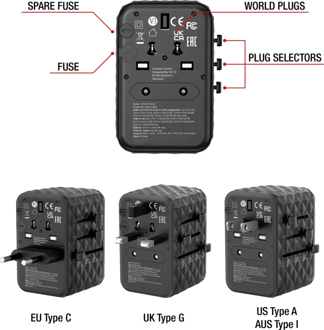 Verbatim UTA-05 GaN III Universele Travel Adapter 65W - Zwart
