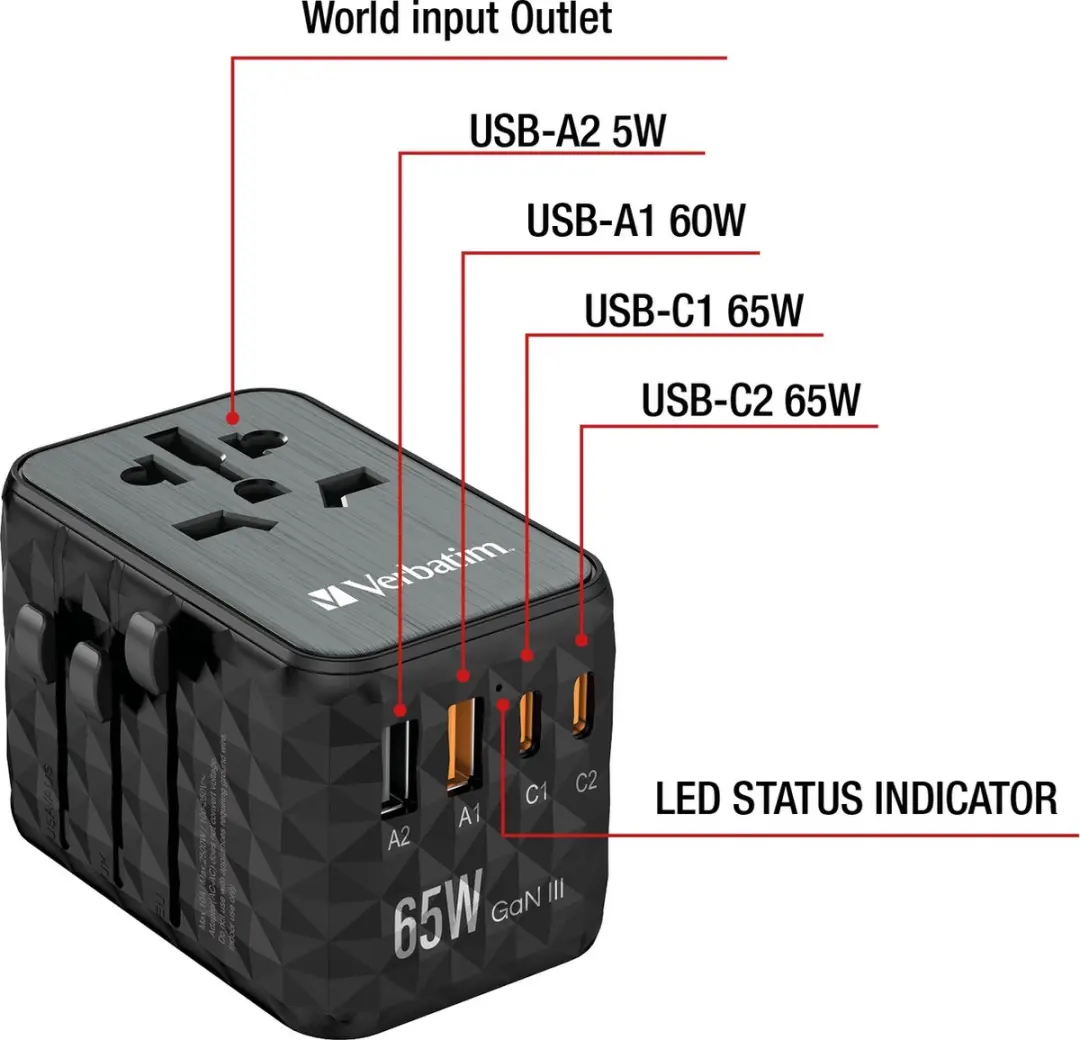 Verbatim UTA-05 GaN III Universele Travel Adapter 65W - Zwart
