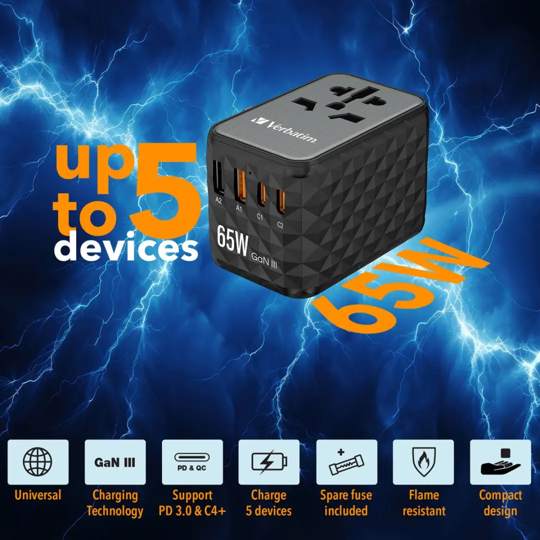Verbatim UTA-05 GaN III Universele Travel Adapter 65W - Zwart