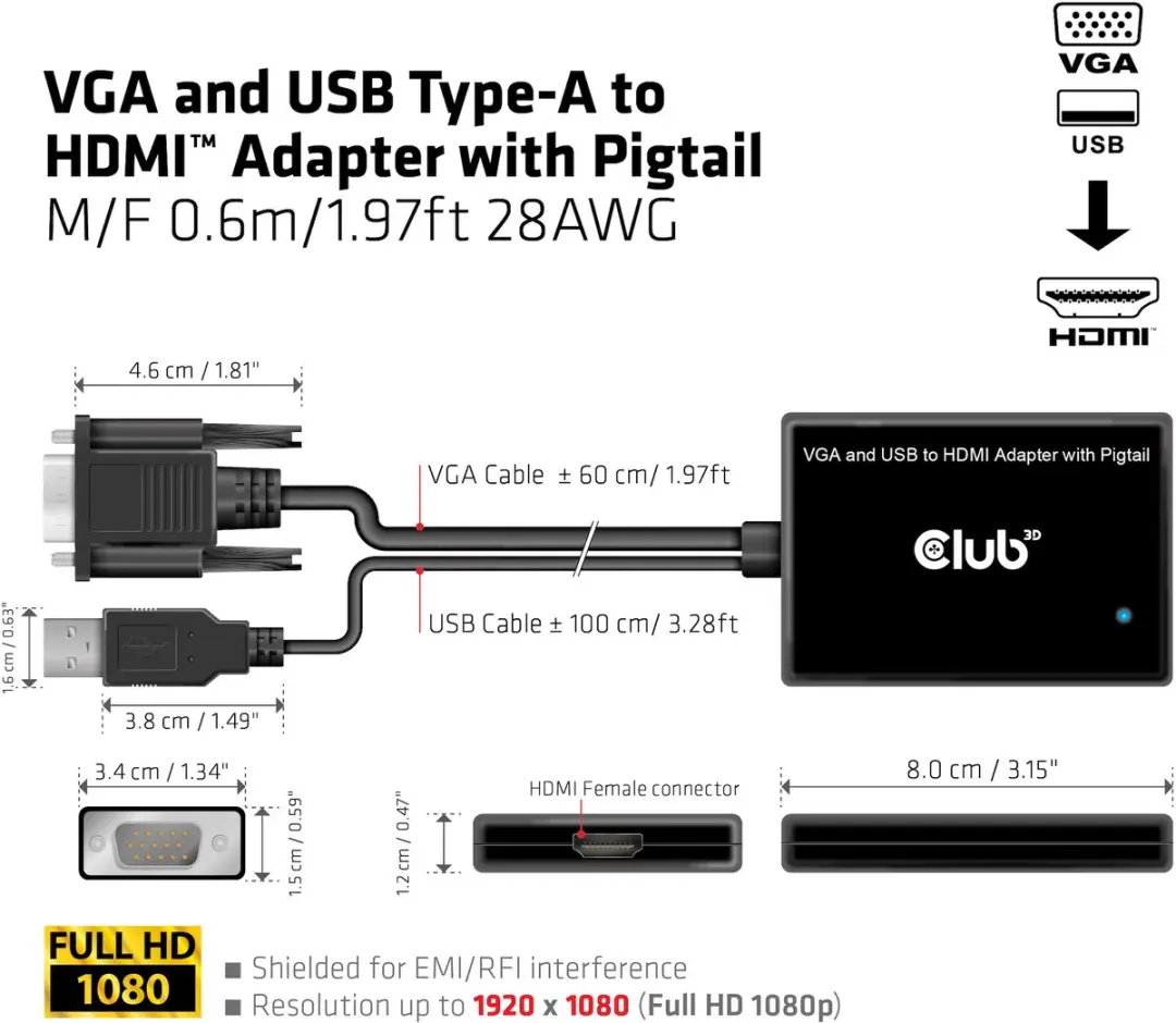 Club 3D CAC-1720 VGA naar HDMI Adapter - 0,6m Zwart