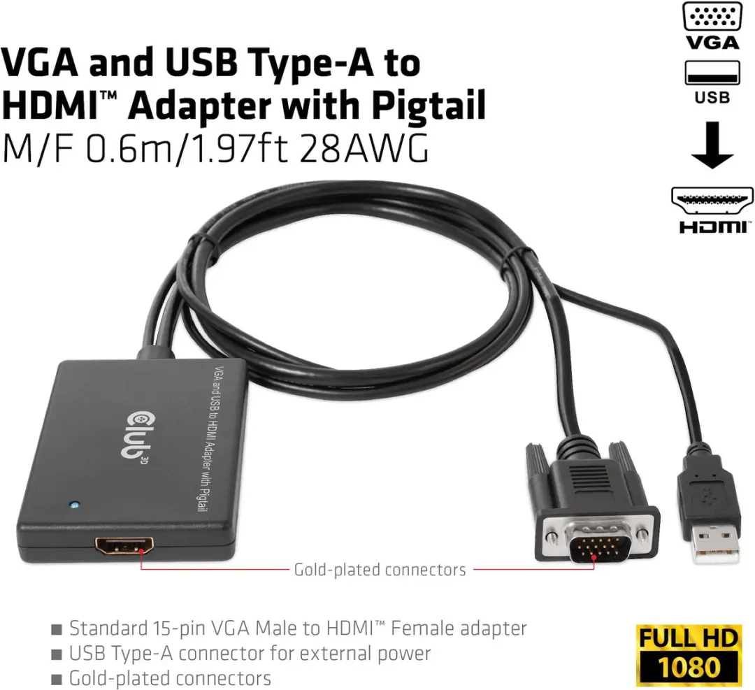 Club 3D CAC-1720 VGA naar HDMI Adapter - 0,6m Zwart