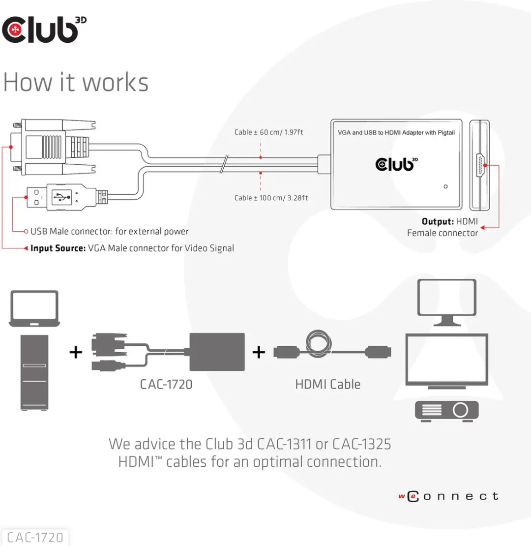 Club 3D CAC-1720 VGA naar HDMI Adapter - 0,6m Zwart