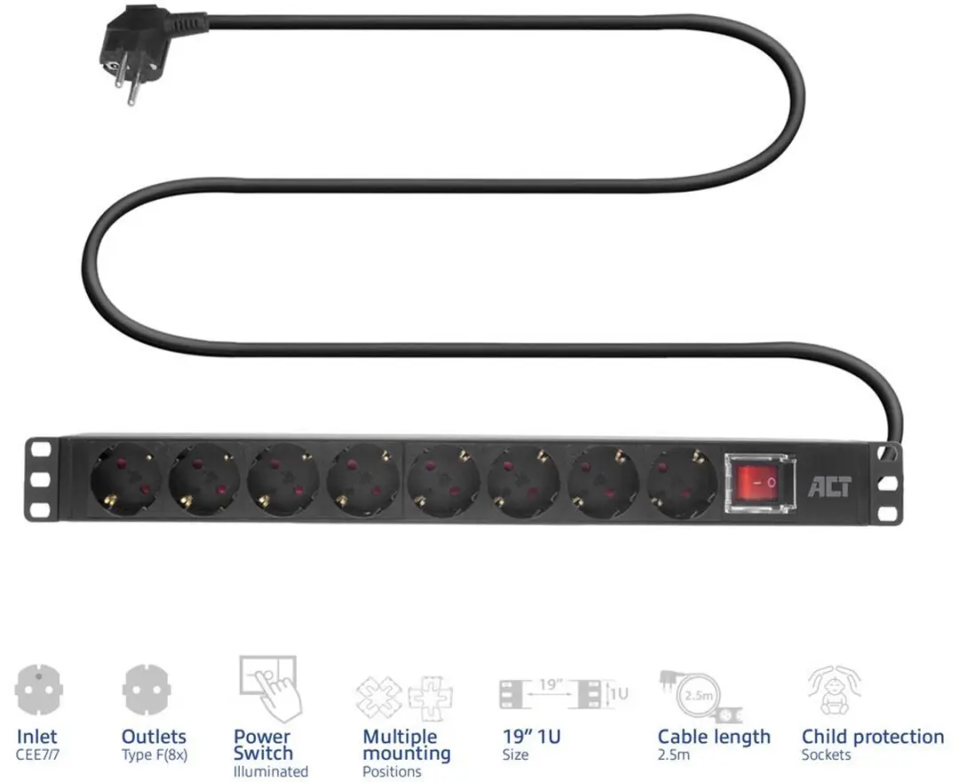 ACT Stekkerdoos PDU 9-voudig 3m 4000W - Zwart