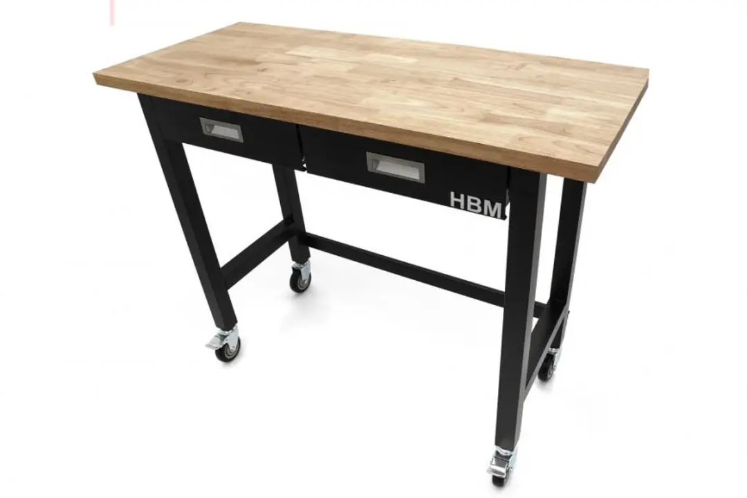 HBM Verrijdbare Werkbank 122cm - 2 Laden - Massief Hout - Zwart - afbeelding 4 van 6