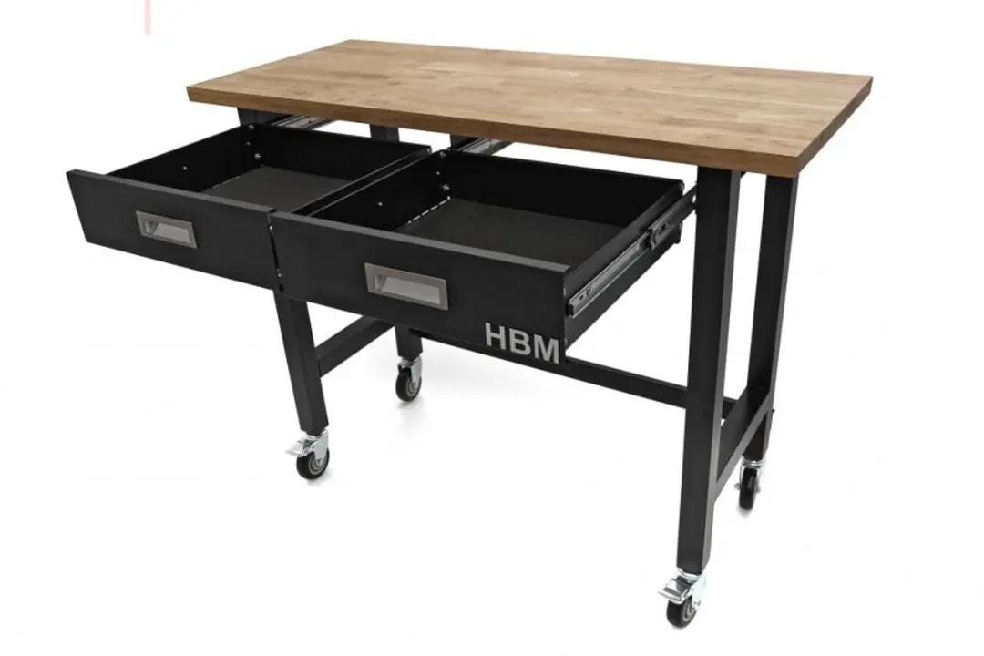 HBM Verrijdbare Werkbank 122cm - 2 Laden - Massief Hout - Zwart - afbeelding 3 van 6