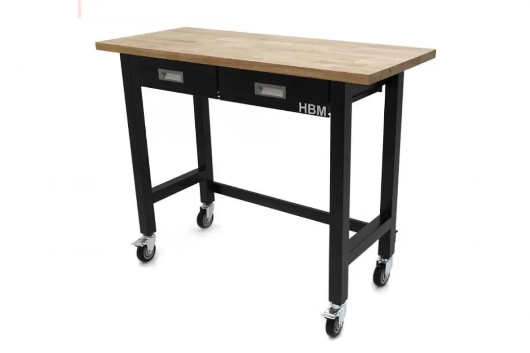HBM Verrijdbare Werkbank 122cm - 2 Laden - Massief Hout - Zwart - afbeelding 2 van 6