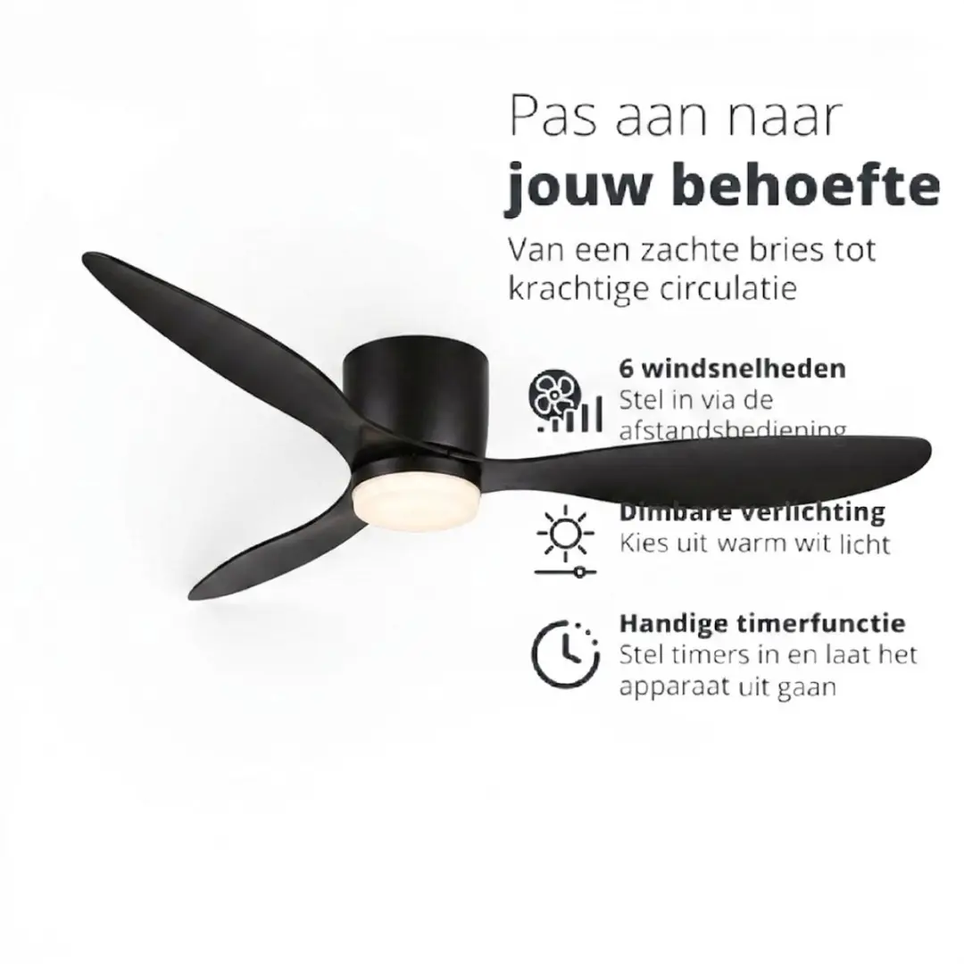 Freelight Brezza Plafondventilator 132cm - Zwart - 6 standen