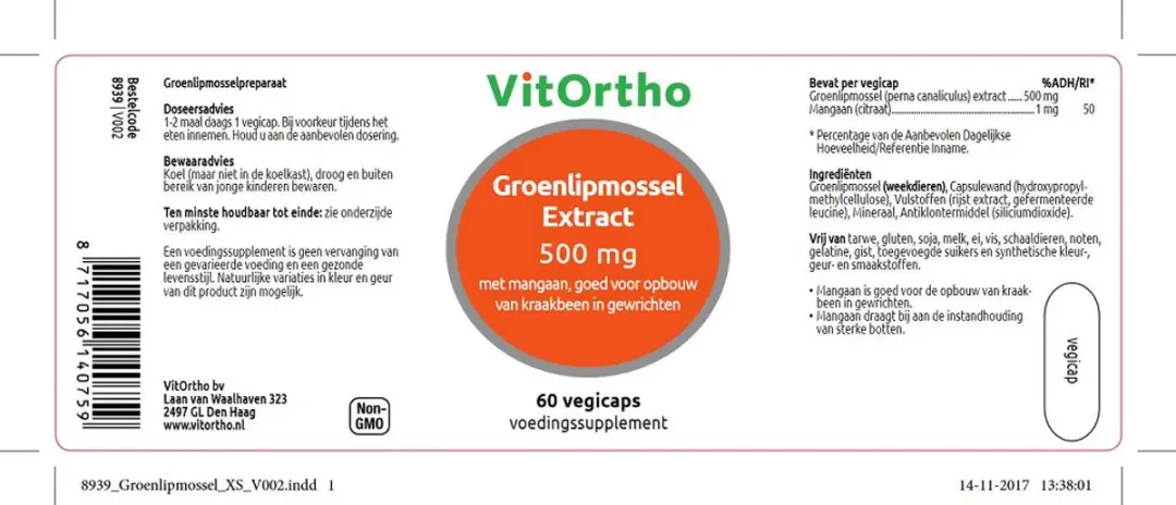 VitOrtho Groenlipmossel Extract 500mg - 60 Vegicaps