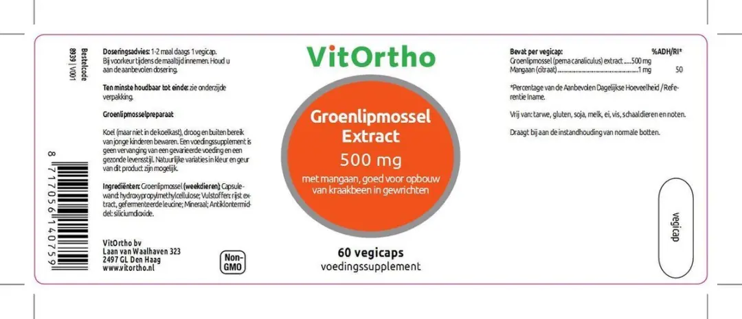 VitOrtho Groenlipmossel Extract 500mg - 60 Vegicaps