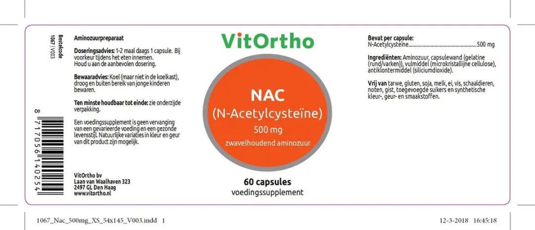 VitOrtho N-Acetylcysteïne 500mg - 60 Stuks