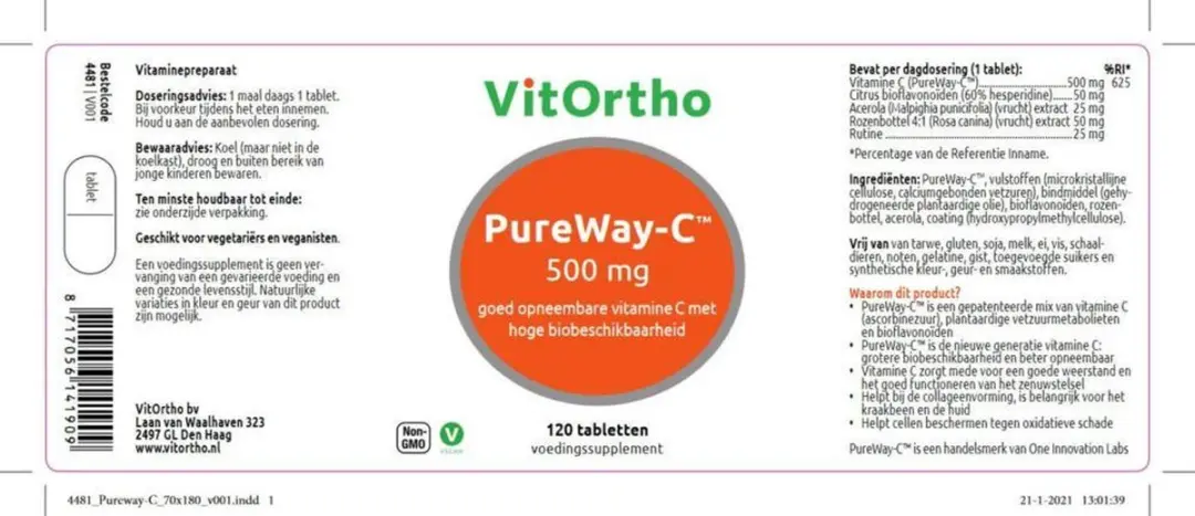 VitOrtho Vitamine C PureWay-C 500mg - 120 tabletten