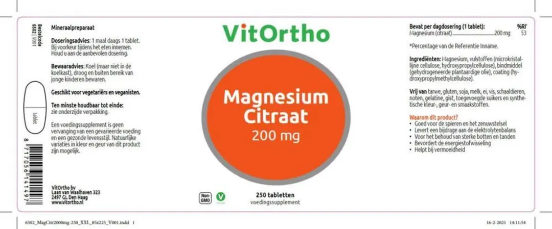 VitOrtho Magnesiumcitraat 200mg 250 Tabletten