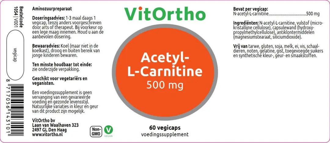 VitOrtho Acetyl-L-Carnitine 500mg Capsules - 60 Stuks