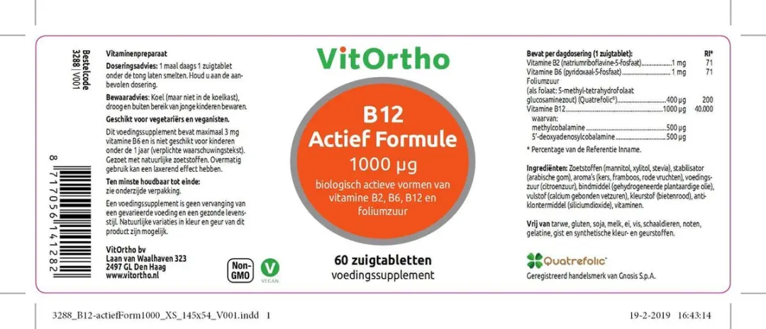 VitOrtho B12 Actief Formule 1000 µg Zuigtabs - 60 Stuks