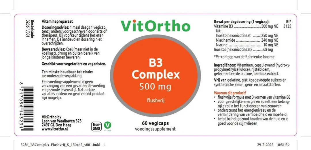 VitOrtho B3 Complex 500mg Flushvrij 60 Vegetarische Capsules