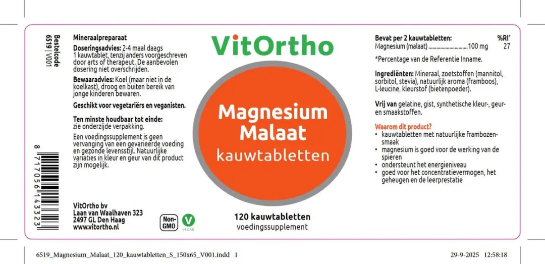 VitOrtho Magnesium Malaat Kauwtabletten - 120 Stuks