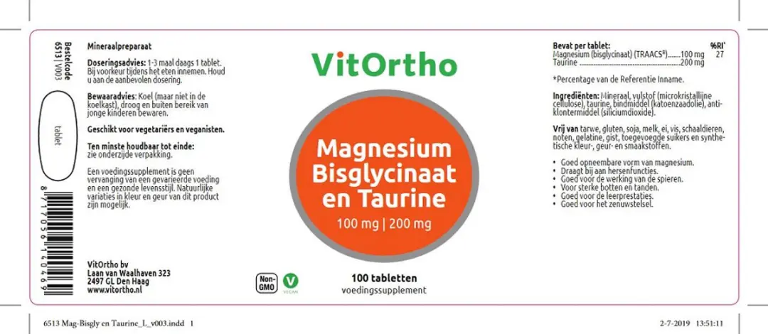 VitOrtho Magnesium Bisglycinaat & Taurine 100mg - 100 Tabletten