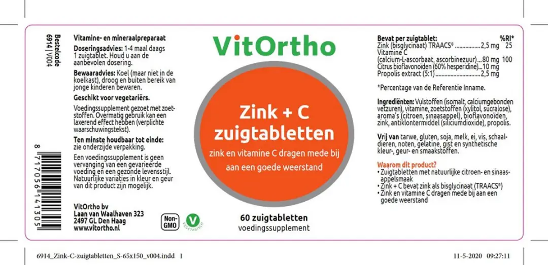 VitOrtho Zink + C Zuigtabletten - 60 Stuks