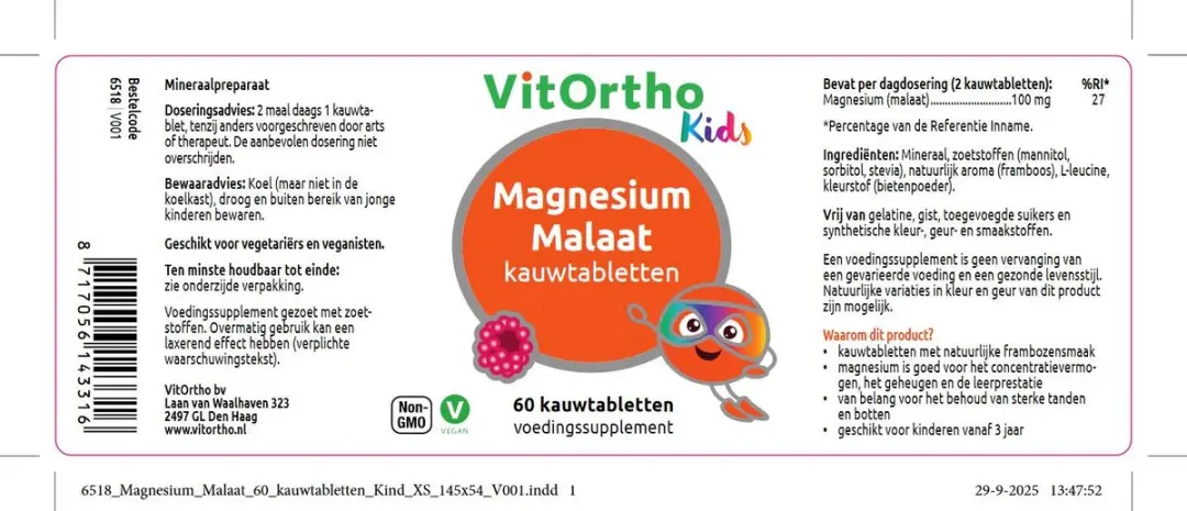 VitOrtho Magnesium Malaat Kauwtabletten 60 Stuks