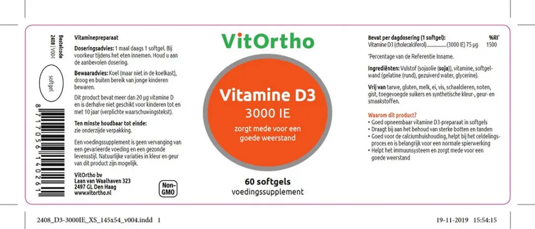 VitOrtho Vitamine D3 3000 IE - 60 Softgels