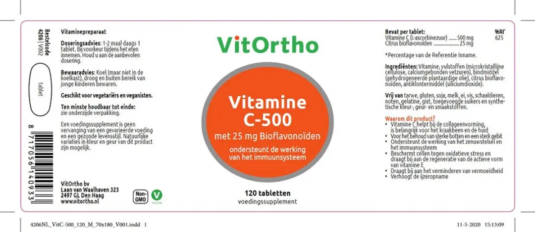 VitOrtho Vitamine C-500 met Bioflavonoïden 120 Stuks