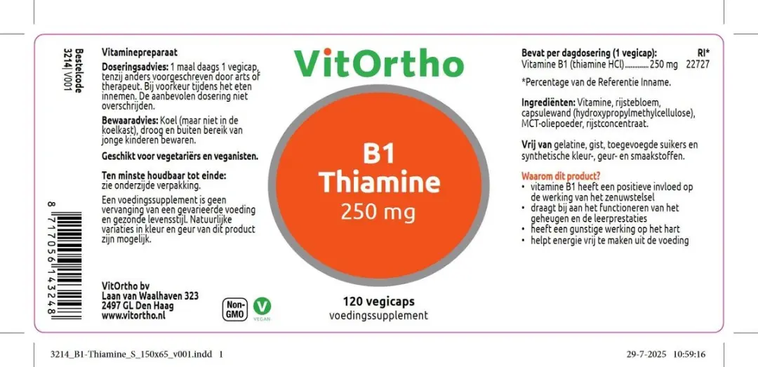 VitOrtho B1 Thiamine 250mg 120 Vegetarische Capsules