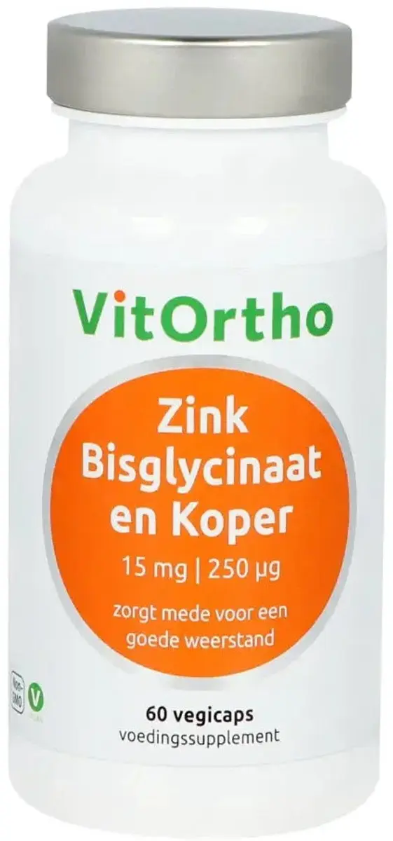 VitOrtho Zink Bisglycinaat 15mg & Koper 250µg - 60 Vegicaps