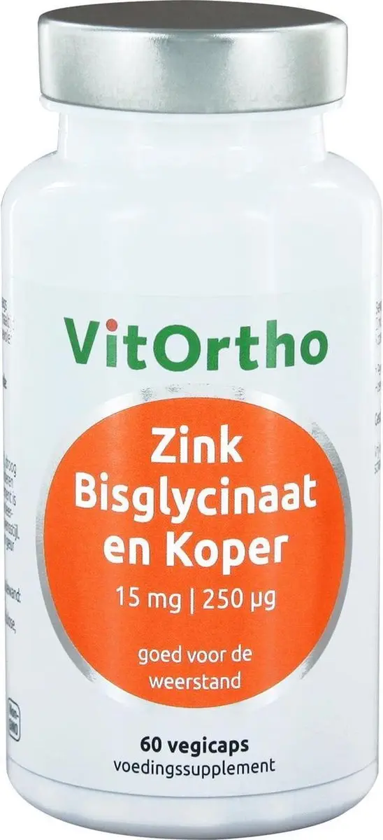 VitOrtho Zink Bisglycinaat 15mg & Koper 250µg - 60 Vegicaps