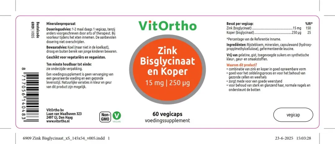 VitOrtho Zink Bisglycinaat 15mg & Koper 250µg - 60 Vegicaps