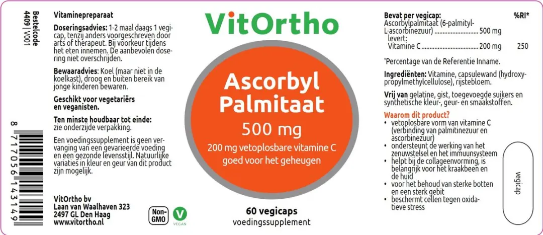VitOrtho Ascorbyl Palmitaat 500mg 60 Vegicaps