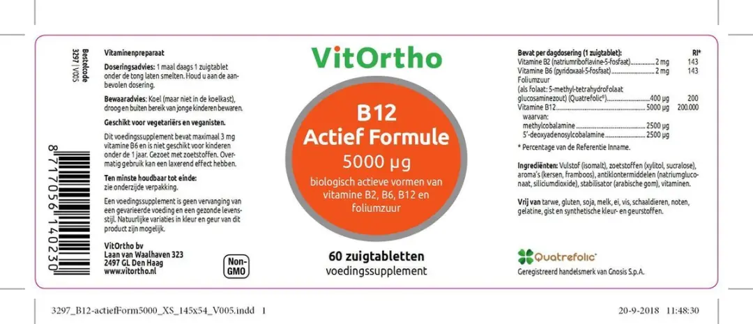 VitOrtho B12 Actief Formule 5000mcg Zuigtabletten - 60 Stuks